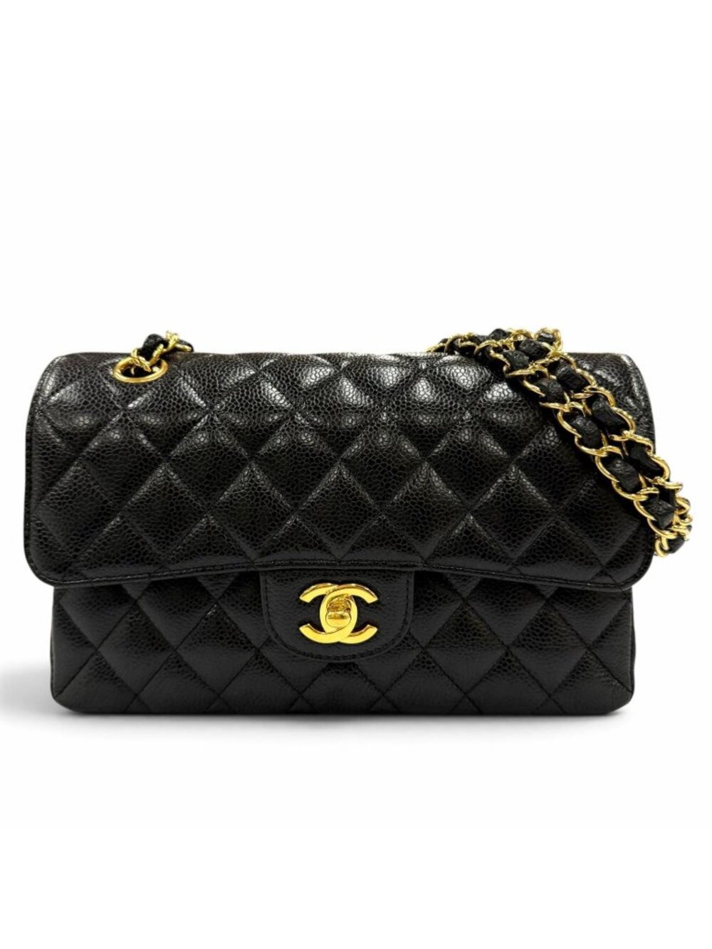 Chanel Quilted 23 Caviar Leather CC Logo Chain Shoulder Bag Black Gold